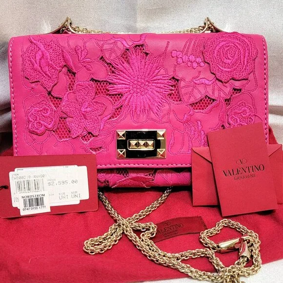 Rare VALENTINO Napa Lace Girello Flap Bag in Fuschia - Picture 4 of 16
